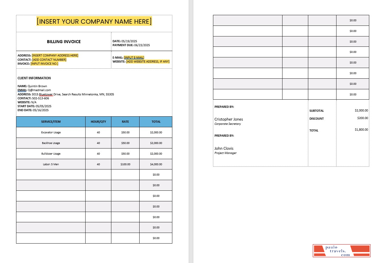 Construction Billing Invoice Template PSD template